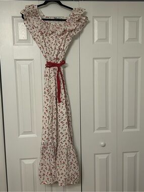 Le Bazar Coastal Maxi Dress with Red Cherry Print and Red Tie Belt